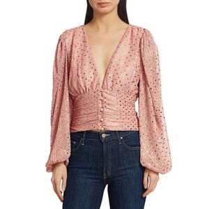 For Love & Lemons La Villette Puff Sleeve Cropped Blouse Pink Small